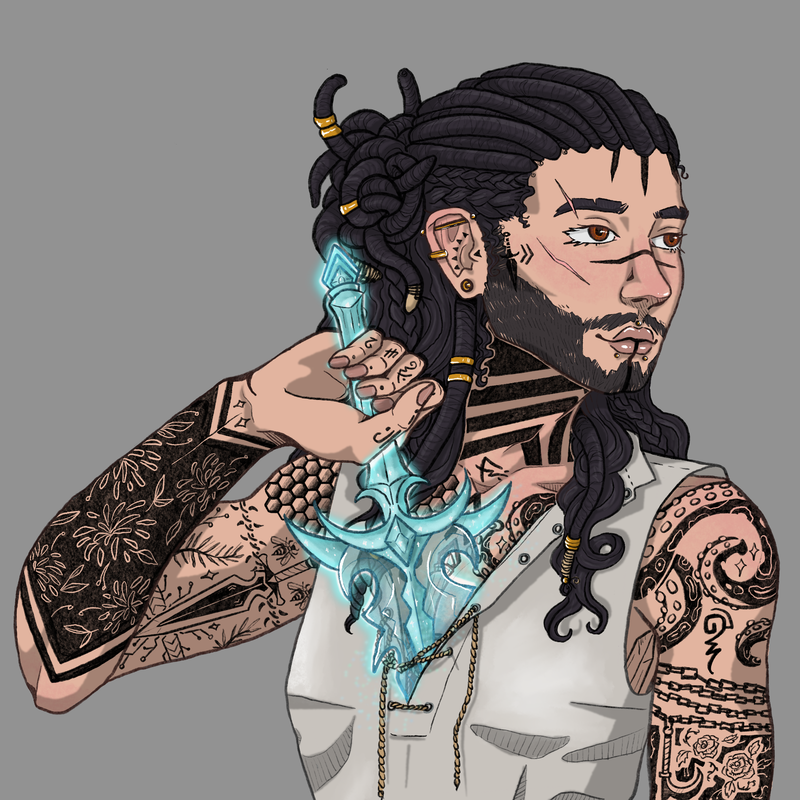 Elijah is an androgynous dwarf who had recently acquired new casting skills through his tattoos. Piracy isn't new to him, in fact its all he's ever known.