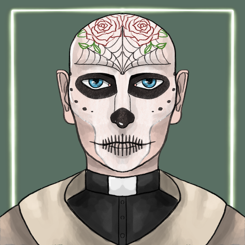 Yorrik is a human orphan studying under "The House of Silence" and guided by the Lady Most Kind. Inspired by 'Dia de los Muertos' Yorrik ceremoniously paints his face to preform his priestly actions.