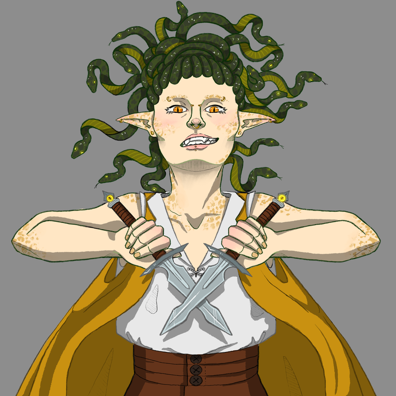 A skilled gorgon whos live is piracy and knife throwing.
